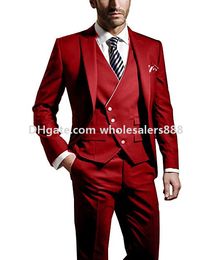 Customise Groomsmen Peak Lapel Groom Tuxedos Red Men Suits Wedding/Prom/Dinner Best Man Blazer(Jacket+Pants+Tie+Vest) K811