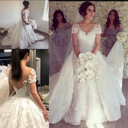 gorgeous mermaid wedding dresses with detachable train short sleeves sheer v neck country bridal gowns vestido de novia