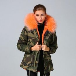 2018 women winter snow coats Meifeng brand fashion orange rabbit fur lined Camouflage shell canvas mini parka with ykk zipper short parkas