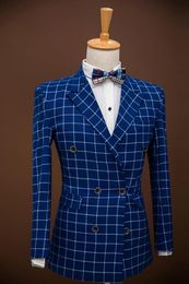 Classic Handsom Chequer Double Breasted Groom Tuxedos Coat With Trousers Men Business Suits (Jacket+Pants+Bow Tie) J878