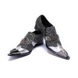 Chains Men Dress Shoes Wedding Party Formal Shoes Silver Genuine Leather Business Shoes Male Plus Size