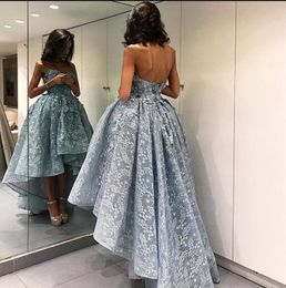 Lace High Low Prom Dresses 2018 Sweetheart hand made flowers Galajurken Women applique Formal Evening Gowns zipper Long Party Dress