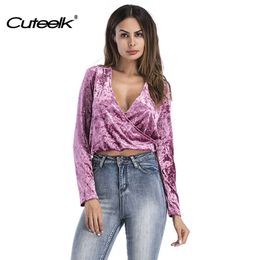 Cueelk Women Cross V-Neck Blouse Crop Top Sexy Long Sleeve Velvet Shirts Solid Color Female Casual Autumn / Spring Elegant Tops