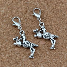 100Pcs/lots Antique Silver Stork New Baby Pregnant Expecting Charms Bead with Lobster clasp Fit Charm Bracelet DIY Jewelry 17x37mm A-255b