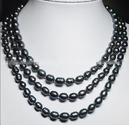 NATURAL 3 ROWS 7-8MM BLACK TAHITIAN CULTURED PEARL Jewellery NECKLACE 17-19inch