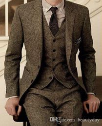 Winter Fashion Tweed Groom Tuxedo Excellent Man Blazer Notch Lapel Two Button Men Business Dinner Prom Suit(Jacket+Pants+Tie+Vest) NO:176