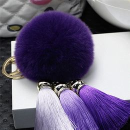 Women Rabbit Fur Cony Hair Ball Pompom Charm Thrice Tassel Keychain Handbag Key Ring Pendant