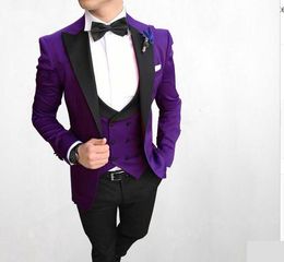 Hot Selling One Button Purple Wedding Groom Tuxedos Peak Lapel Groomsmen Mens Dinner Blazer Suits (Jacket+Pants+Vest+Tie) NO:1513