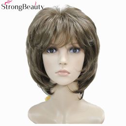 Strong Beauty Brown with Blonde Wigs Highlights Short Straight Hair Lady's Synthetic Wig