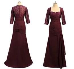 Hot Sale Wine Red Lace Mermaid Mother of the Bride Groom Dresses With Illusion Lace Sleeves Chiffon Pleated Hollow Back Wedding Guest Dress