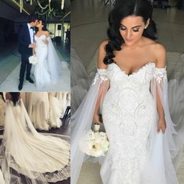 Exquisite Pearls Lace Mermaid Wedding Dresses With Cape Plus Size Garden Country Applique Bridal Gown Train Church Bride Dress Custom Made