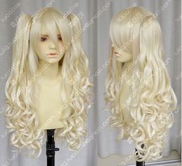 Vocaloid / seeU light blonde cosplay long curly wig + 2 clip on ponytail