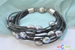 15row 8" 13mm black rice freshwater pearl black leather bracelet