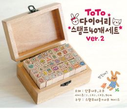 Wooden Stamps for Children Kids Toys Cute Toto Cat and Rabbit Stamp Gift Set Wooden Box Decorative DIY Funny Work