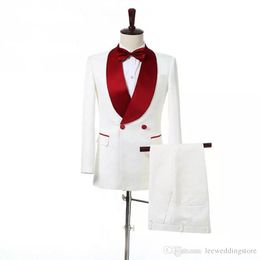 2018 Men Suits White Red Shawl Lapel Wedding Suits Bridegroom Slim Fit Tuxedos 2Piece Custom Made Blazer Prom Best Man Evening Dress Party