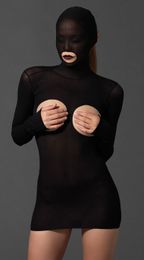 Sleepwear Breathable Open Chest And Butt Tight Seamless Mini Dress Underwear Long Sleeves Sexy Costume Outfits With Mouth Open Head Mask