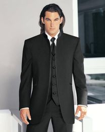 High Quality Black Groom Tuxedos Groomsmen Stand Collar Best Man Blazer Mens Wedding Suits (Jacket+Pants+Vest+Tie) H:726