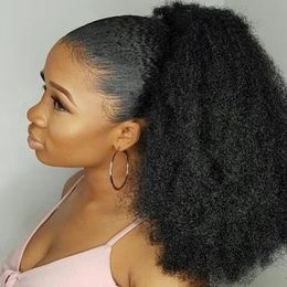 African american natural kinky curly drawstring ponytail human hair extension clip in afro hair pony tail for black women 160g