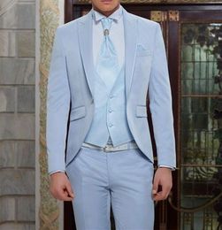 Fashion Light Blue 3 Piece Suit Men Wedding Tuxedos Handsome Groom Tuxedos With Peak Lapel One Button Men Blazer(Jacket+Pants+Tie+Vest) 505