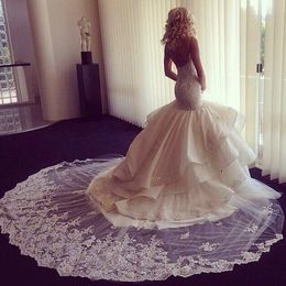 Mermaid Gorgeous Vintage Dresses Lace Spaghetti Straps Applique Court Train Backless Wedding Bridal Gowns Custom Made