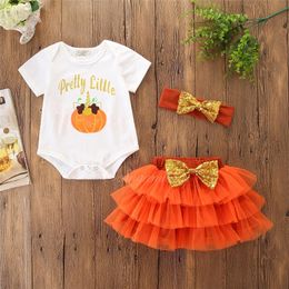 Baby Girl Clothes Halloween Infant Newborn Baby Clothes Summer 2018 Brand New Pumpkin Romper Bow Lace Tutu Skirt Headband 3PCS Outfits Set