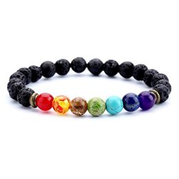 -1 pcs estilo de moda 7 chakra curar braceletes frisados ​​de pedra natural lava difusor pulseira jóias