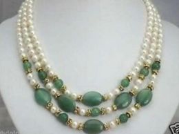 wholesale charming 3 rows 7-8mm white pearl and green jades necklace