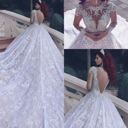 New Luxury Beads Jewel Collar Crystals Wedding Dresses Long Sleeves Illusion Back Lace Applique Chapel Train Wedding Dress Bridal Gowns