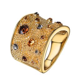 Wide Gold Colour Finger Rings for Woman Multicoloured Rhinestones Paved Cocktail Ring Size 6 7 8 9 for Female