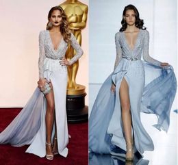 Zuhair Murad 2020 Evening Dresses Long Sleeves Plunging Neckline Side Slit Prom Gowns Beading CHRISSY TEIGEN Special Occasion Dress