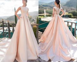 Fashion Satin Beach Wedding Dresses A Line Sweep Train Lace Back Cap Sleeve Rufffle Country Bridal Gowns Jewel Neck Plus Size Wedding Dress