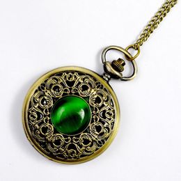 50pcs/lot Classic green cat eye large pocket watch carved hollow flip pocket watch Dial Pendant Necklace Chain Quartz Pocket Watch PW019