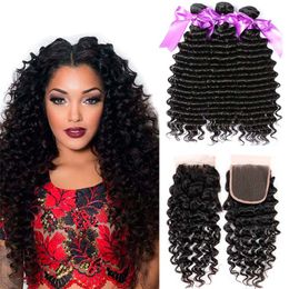 Brazilian Deep Wave Human Hair With Closure 3 Bundles with Lace Closure Natural Color Brazilian Curly Virgin Human Hair Weave