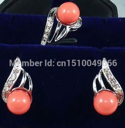 Hot sale FREE SHIP>>>>beautiful silver plate coral earring ring 7 8 9# Set