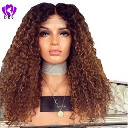 180% Density 24Inch Glueless Brown Wig Heat Resistant kinky Curly Synthetic Lace Front Wig With Baby Hair Ombre Wigs For Women