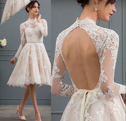 Vintage High Neck Short Wedding Dress Cheap With Long Sleeves Lace Applique 2019 Keyhole Back A line Wedding Bridal Gowns