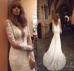 V Neck Deep Mermaid Dresses Lace Backless Beads Bridal Gown White Ivory Long Sleeves Wedding Dress