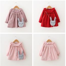 Baby Fashion Dress With Rabbit Bags Fuzz Balls Cotton Flannelette Round Neck Long Sleeve Corduroy Thickening Baby Girls Dresses Outfit