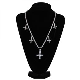 Iced Out Cross Pendant Necklace Tennis Chain Five Cross Gold Silver Colour Cubic Zircon Copper Chain Men HipHop Jewellery Gift