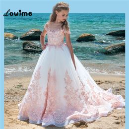 White Long Flower Girl Dresses With Pink Applique Fashion Girls Pageant Dresses 2018 Pretty Communion Dresses Child Formal Party Gowns