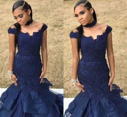 Navy Blue Off The Shoulder Mermaid Prom Dresses Appliques Beading Organza African Party Dresses Formal Evening Gowns