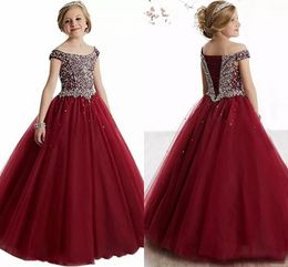 2024 New Hot Bury Red Teal Princess Pageant Scoop Crystal Beads Tulle Puffy Kids Party Birthday Gowns Flower Girls Dresses 403