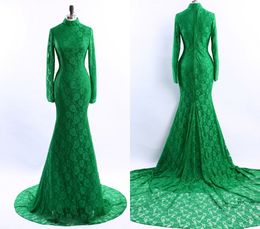 Emerald Green Vintage Evening Prom Dress Long High Neck With Sleeves Lace Bodice Sheath Zipper Back Sweep Train Formal Gowns Cheap