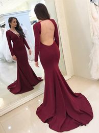 Burgundy Cheap Simple Mermaid Prom Dresses Deep V Neck Backless Sweep Train Elegant Evening Wear Formal Dress vestidos de fiesta