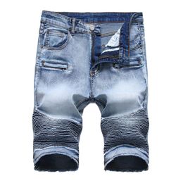 QMGOOD Jeans da uomo strappati pieghettati a righe retrò di grandi dimensioni Pantaloncini estivi Pantaloncini di jeans dritti slim da motociclista per jeans corti maschili
