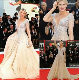 Champagne Evening Dresses Sheer Scoop Neck Beaded Crystal Sequins A Line Sweep Train Long Sleeve Prom Dress Plus Size Formal Party Gowns