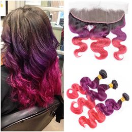 Body Wave #1B/Purple/Pink Ombre 13x4 Full Lace Frontal Closure with 3Bundles Three Tone Ombre Virgin Indian Human Hair Weave Extensions