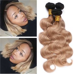 #1B/27 Black and Honey Blonde Ombre Human Hair Bundles Deals Body Wave 3Pcs Light Brown Ombre Indian Virgin Hair Extensions Double Wefts