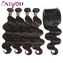 Brazilian Wave Wet and Wavy Body Weave 4 Bundles with Human Lace Closure Unprocessed Virgin Hair Deals