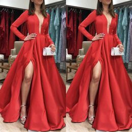 Long Sleeves Evening Dresses Plunging Deep V Neck Modest Prom Dress A Line Formal Party Gowns with Sexy Split Custom Made Top Quality